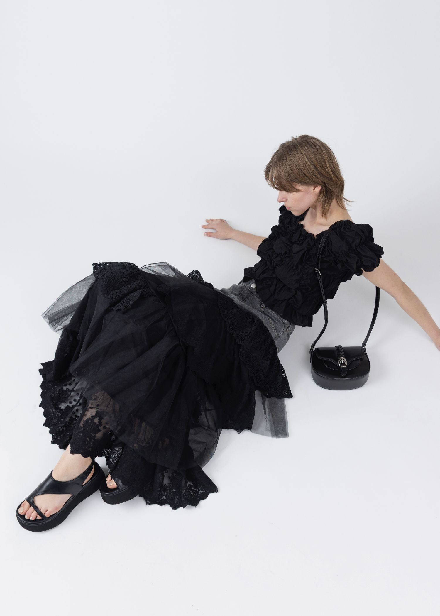 ホイップ ストライプトップス (ブラック) whip shirring stripe 2way tops (Black) /  26SS