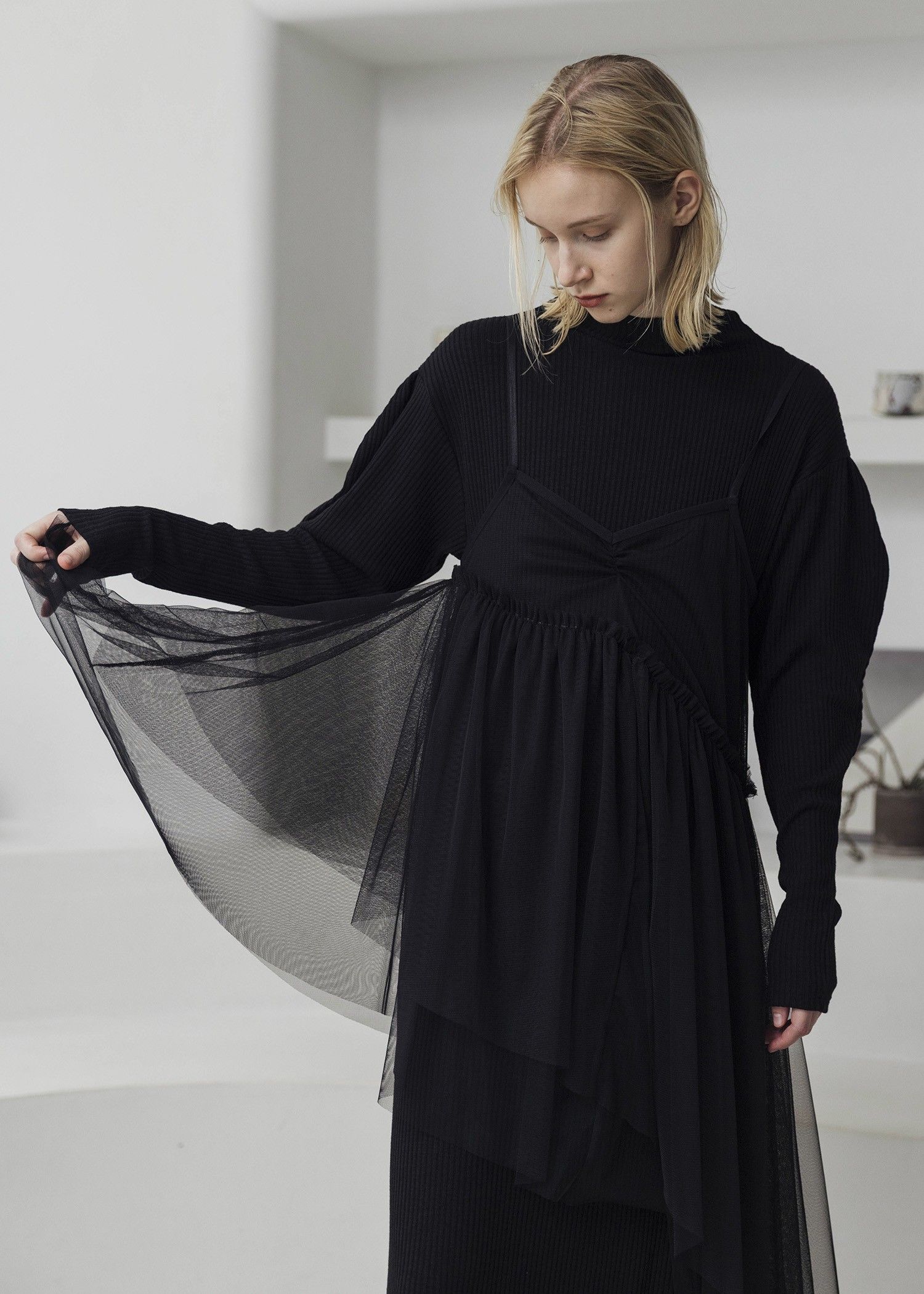 volume sleeve high neck rib OP / ハイネックリブワンピース (ブラック) / 25AW /