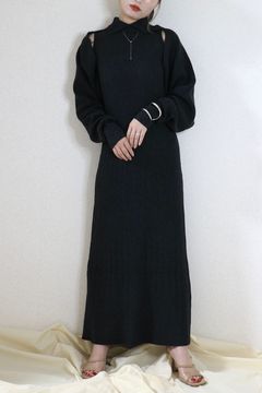 CARDIGAN SET HIGH NECK DRESS / カーディガン ニットセットハイネックドレス (チャコール)  ニットボレロ(ストール)付き