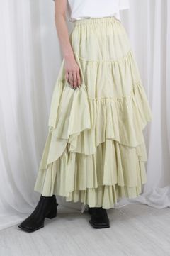 COTTON TIERED SKIRT / コットンティアードスカート (イエロー) ミモレ丈 / ウエストゴム / ペチコート付き