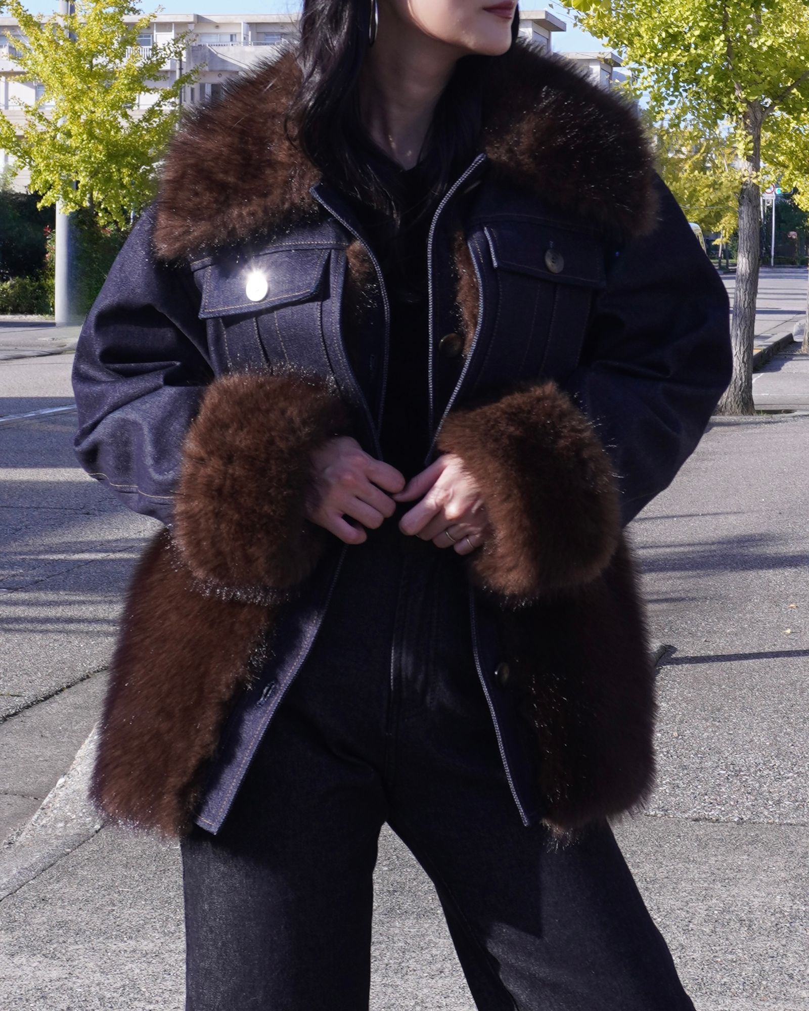 【25AW】Denim Docking Fur Jacket (ダークネイビー) / デニムドッキングファージャケット / エコファー / フェイクファー