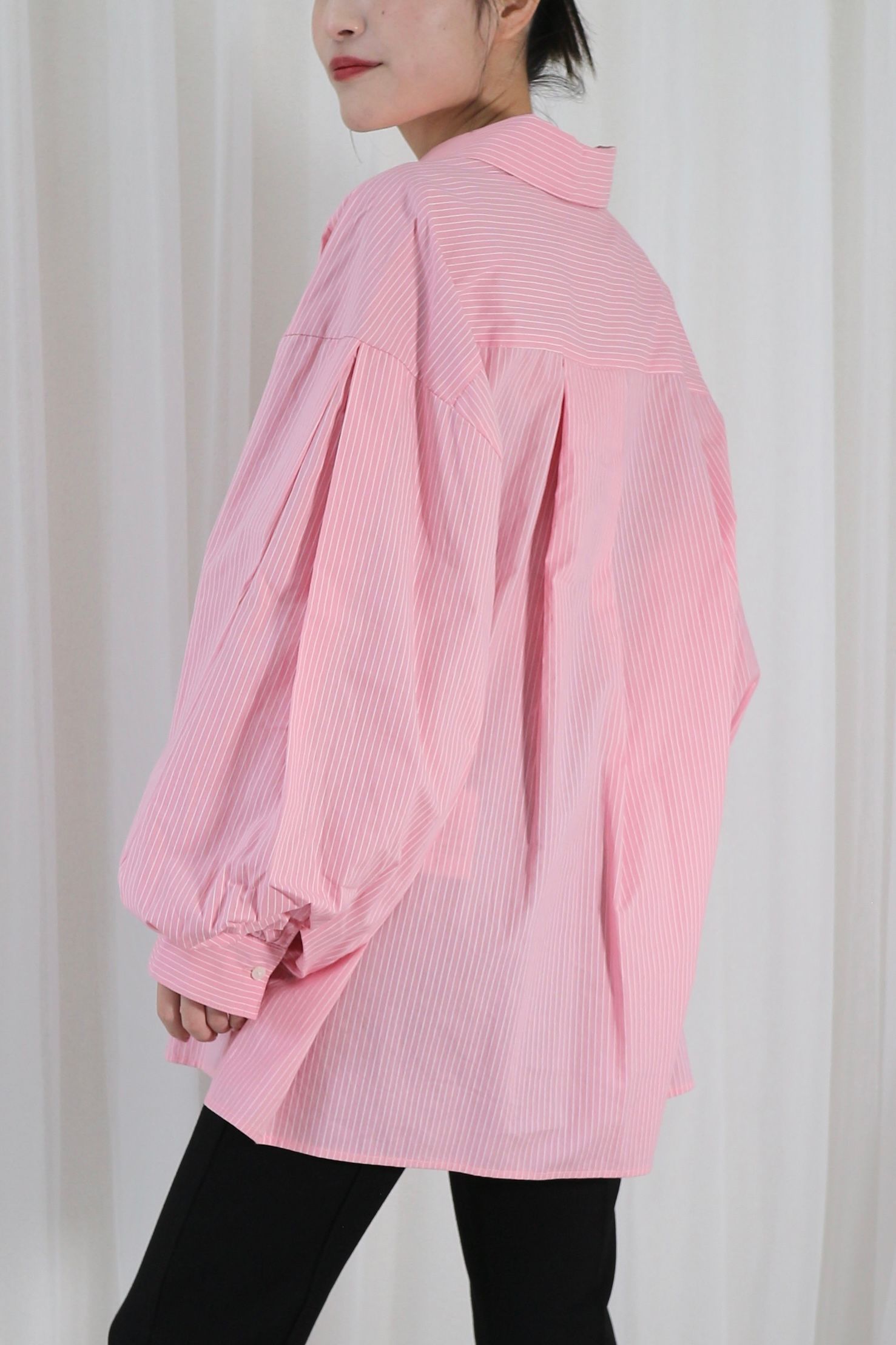 STRIPE VOLUME SLEEVE SHIRT / ストライプボリュームスリーブシャツ (ピンク)