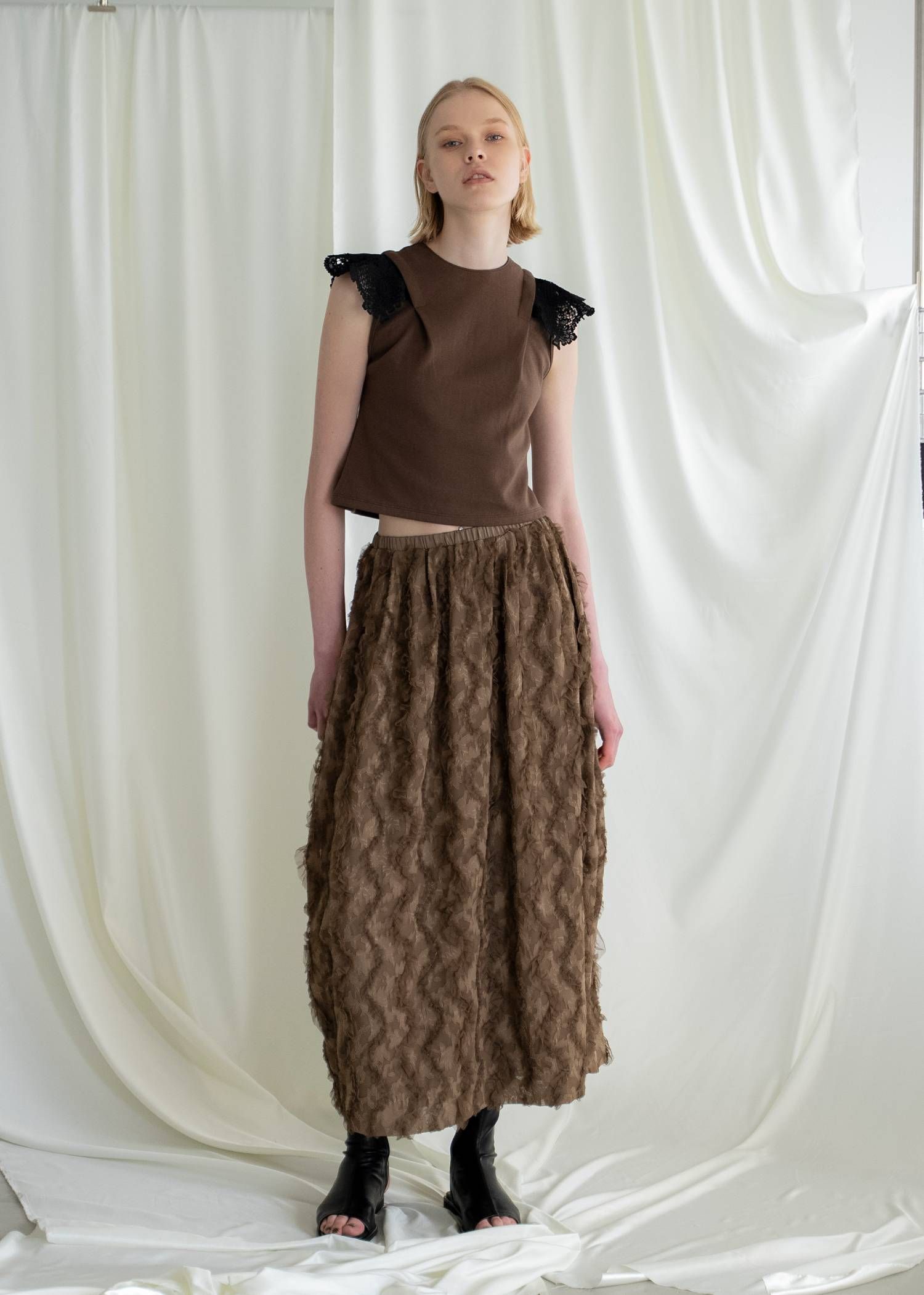 コクーンチュールスカート (モカ) cocoon cut jacquard tulle gather SK (Mocha) /  26SS