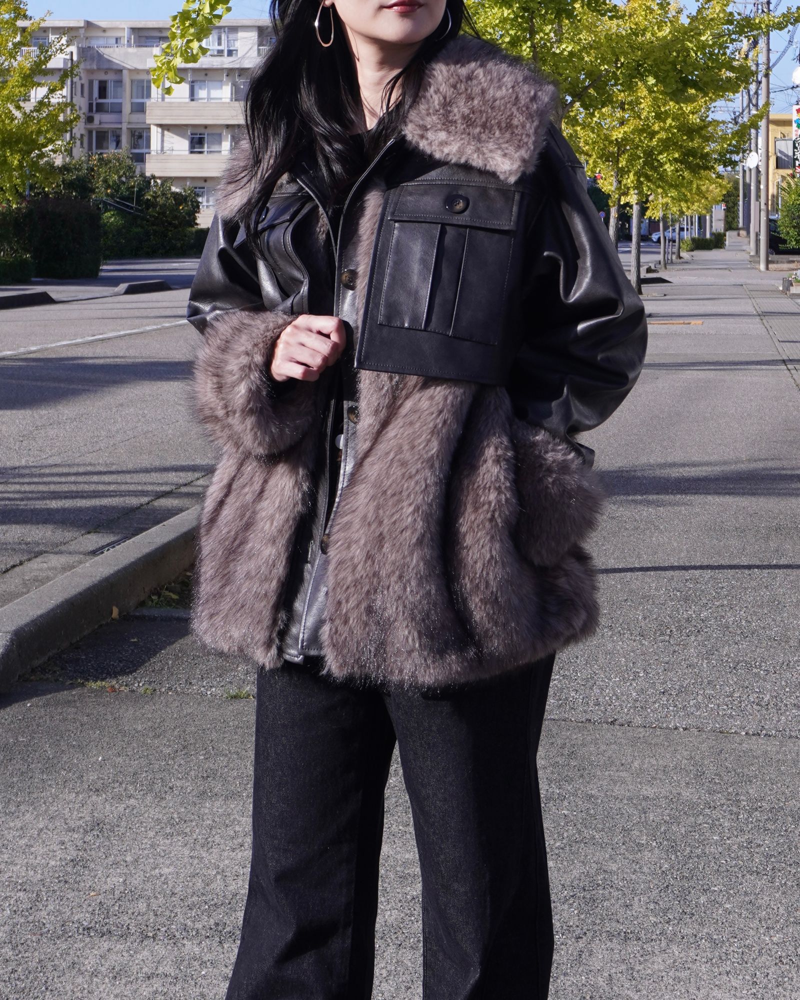 【25AW】Leather Docking Fur Jacket (ブラック) / レザードッキングファージャケット / エコファー / フェイクファー