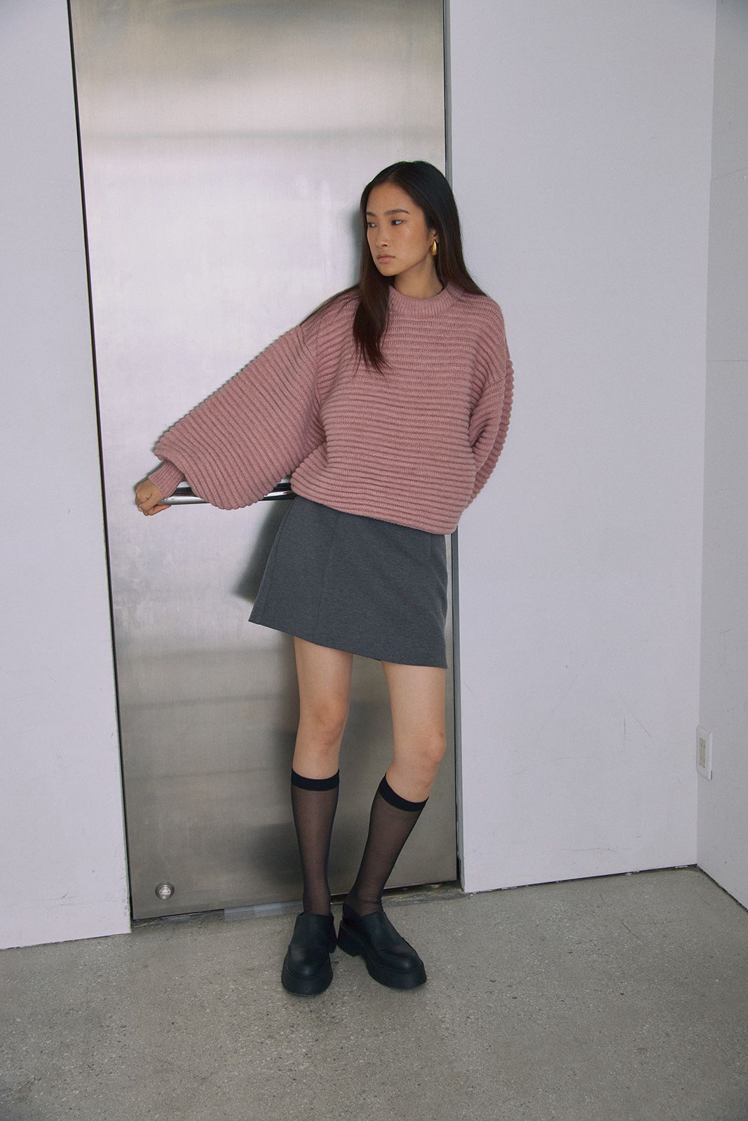 ボリュームスリーブニットトップス (ピンク) Raglan Sleeve Long Coat (Pink) / 26AW