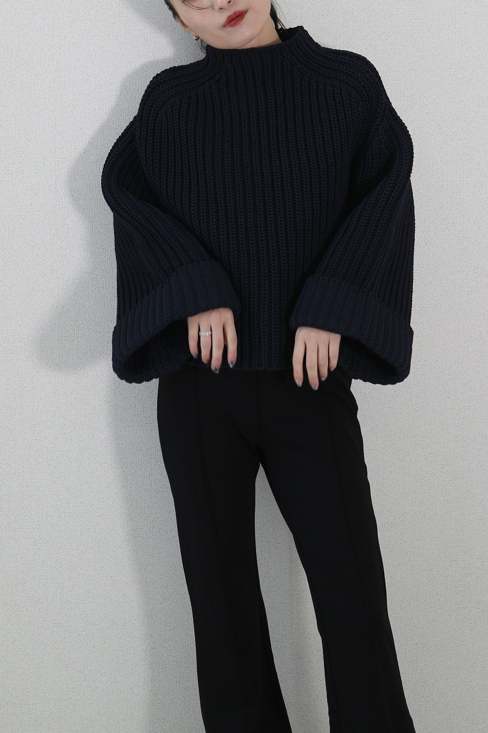 LOW GAUGE MOCK NECK KNIT TOPS / ローゲージモックネックニットトップス (ネイビー)