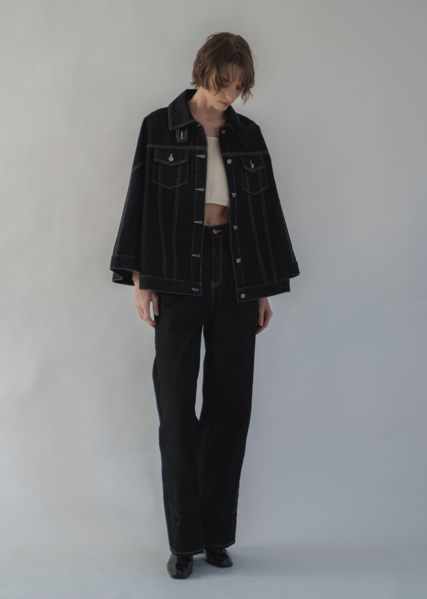 trucker detail denim poncho JK / トラッカー ポンチョ デニムジャケット (Black) / 26SS