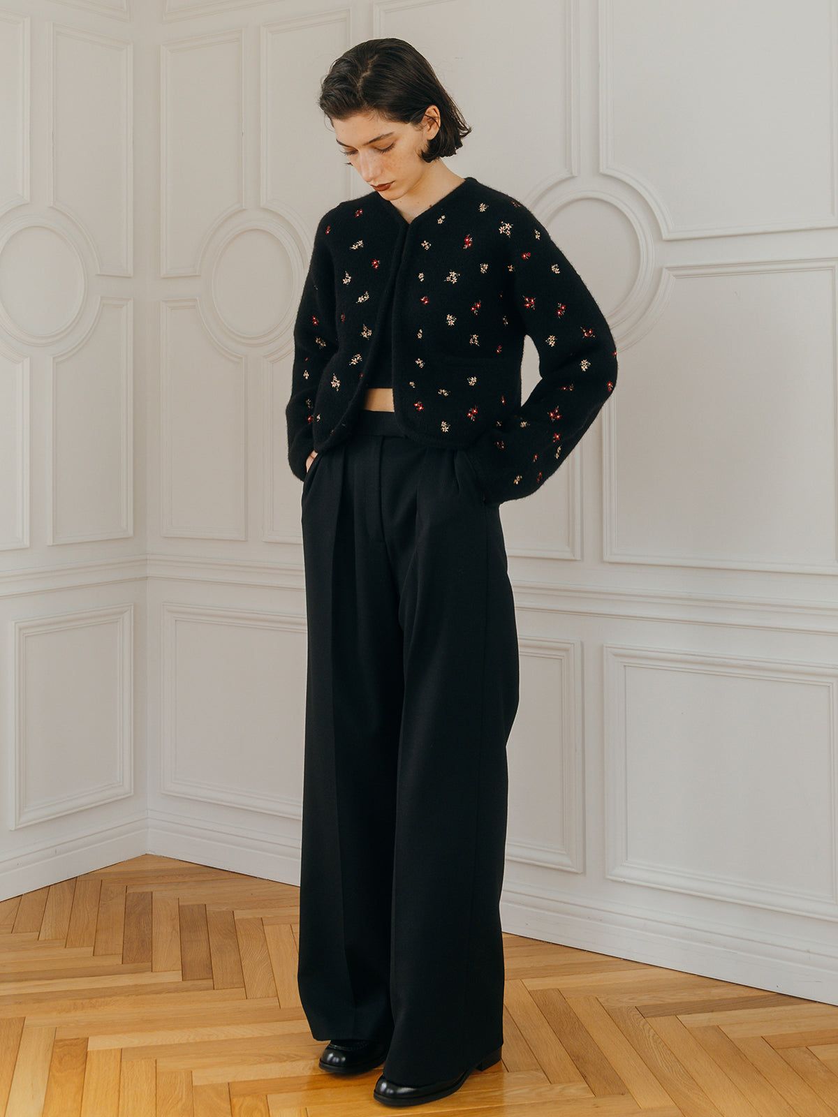 【25AW】FLOWER EMBROIDERY KNIT JACKET / フラワーエンブロイダリー ニットジャケット (ブラック)