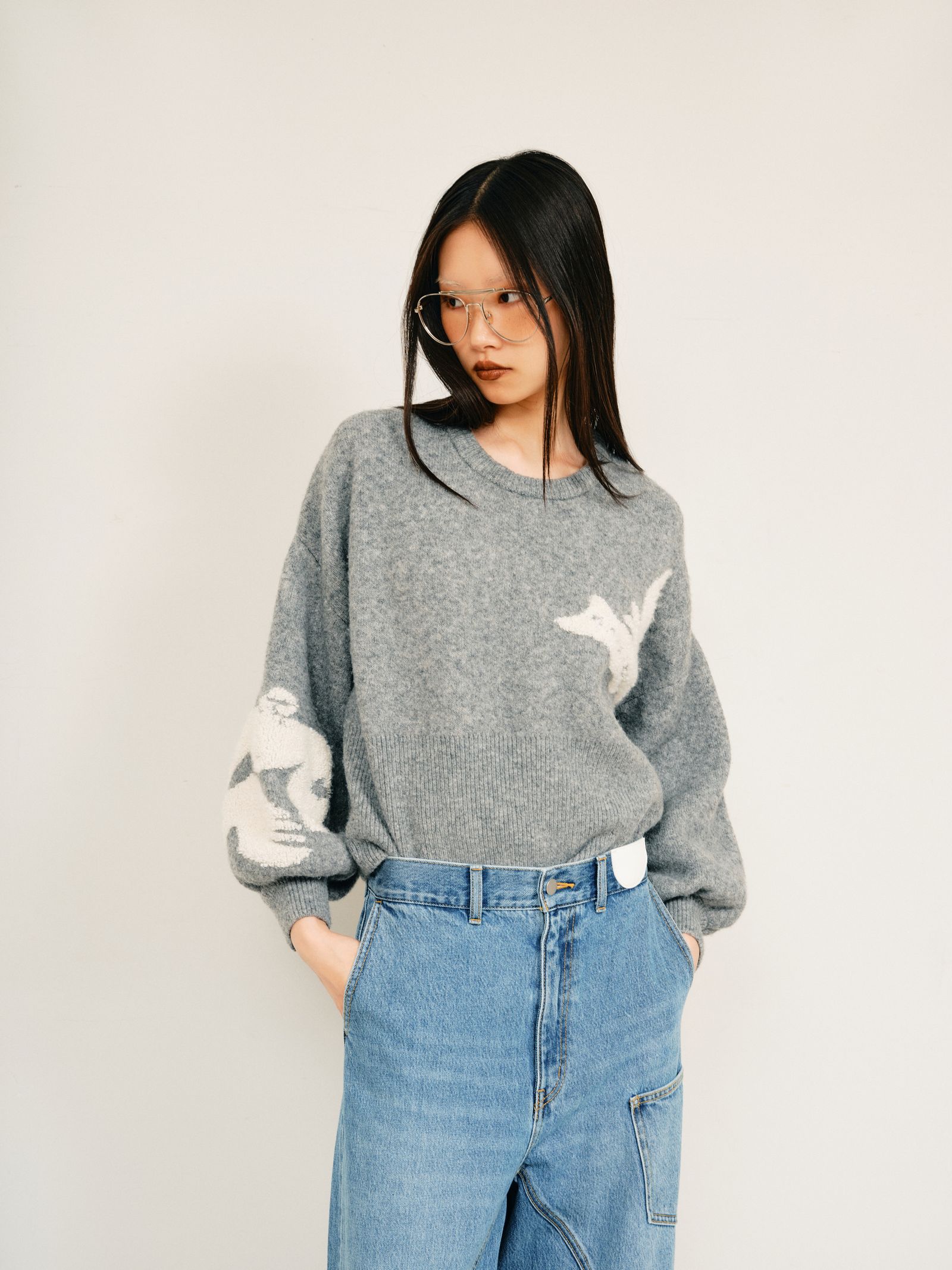 【BF割引対象12/2まで】Illustration jacquard knit top / イラストジャガードニットトップス (グレー) / 25AW