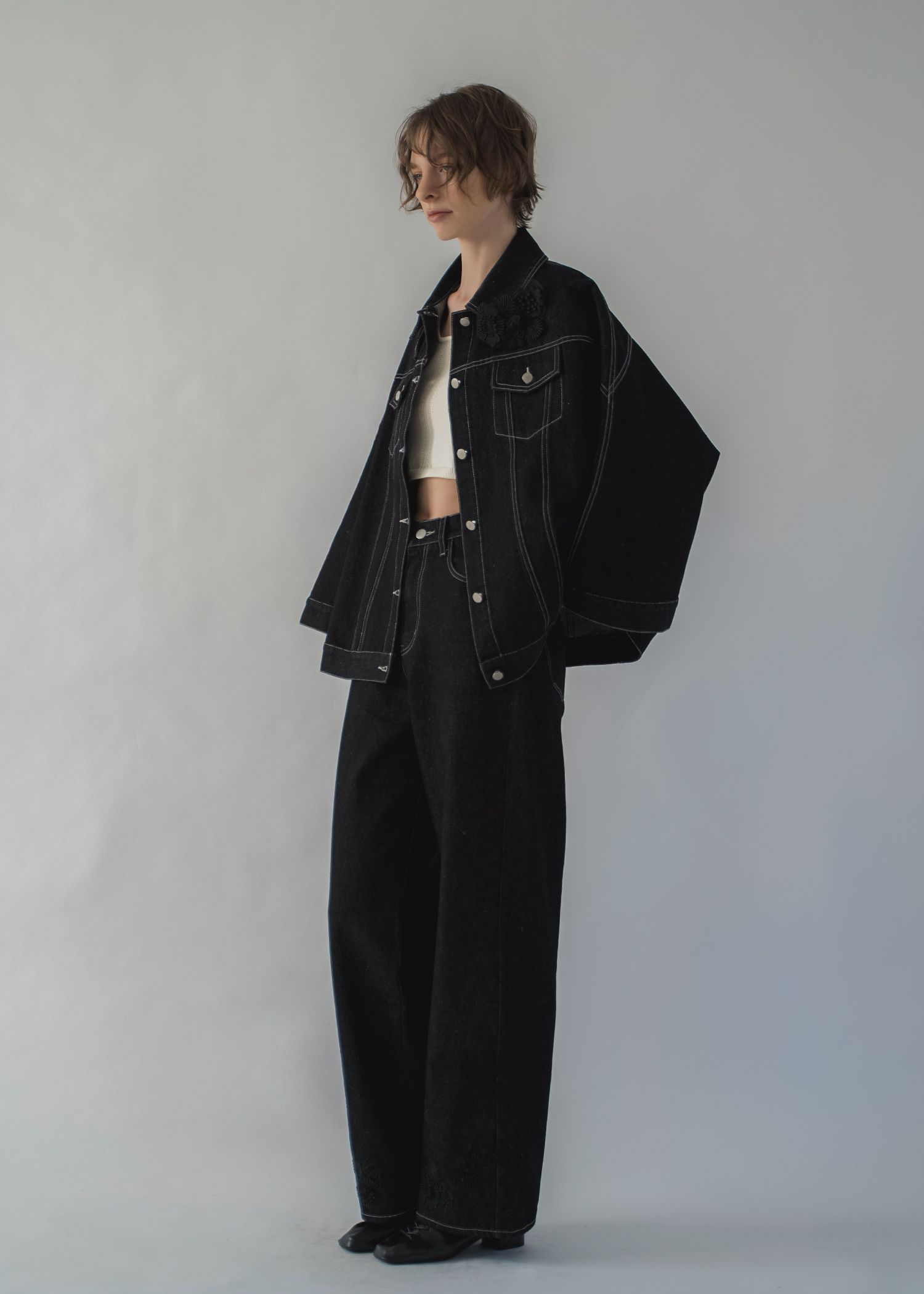 trucker detail denim poncho JK / トラッカー ポンチョ デニムジャケット (Black) / 26SS