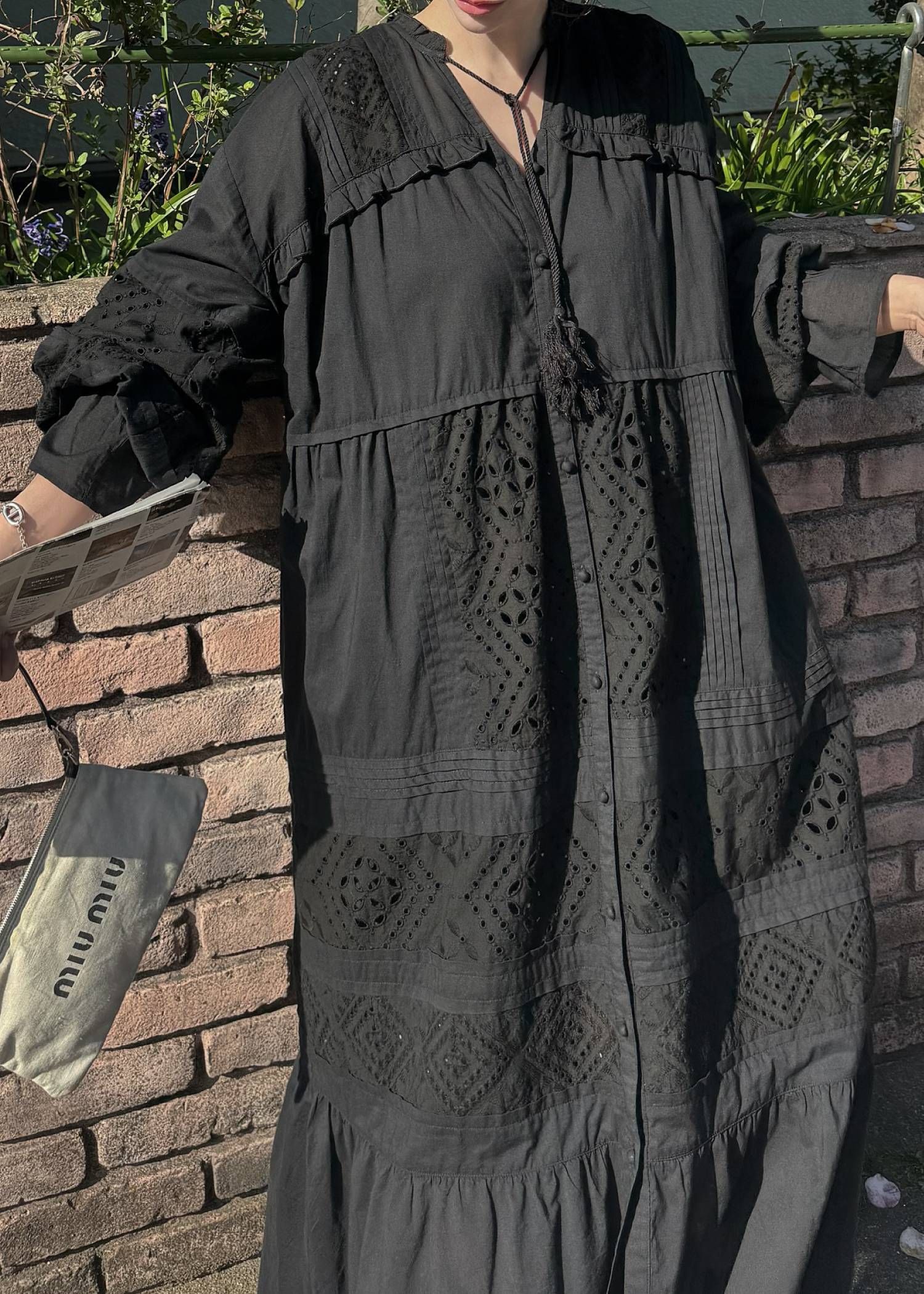 ティアードワンピース (ブラック) pieced cotton lace tiered volume OP (Black) /  26SS