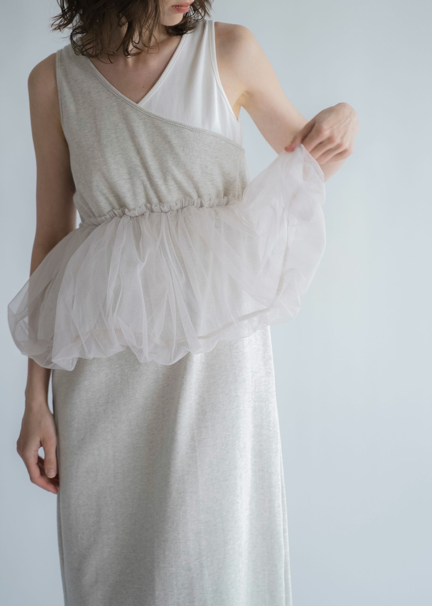 tulle peplum docking rib OP (Oatmeal) / チュールペプラムワンピース (オートミール) / 26SS