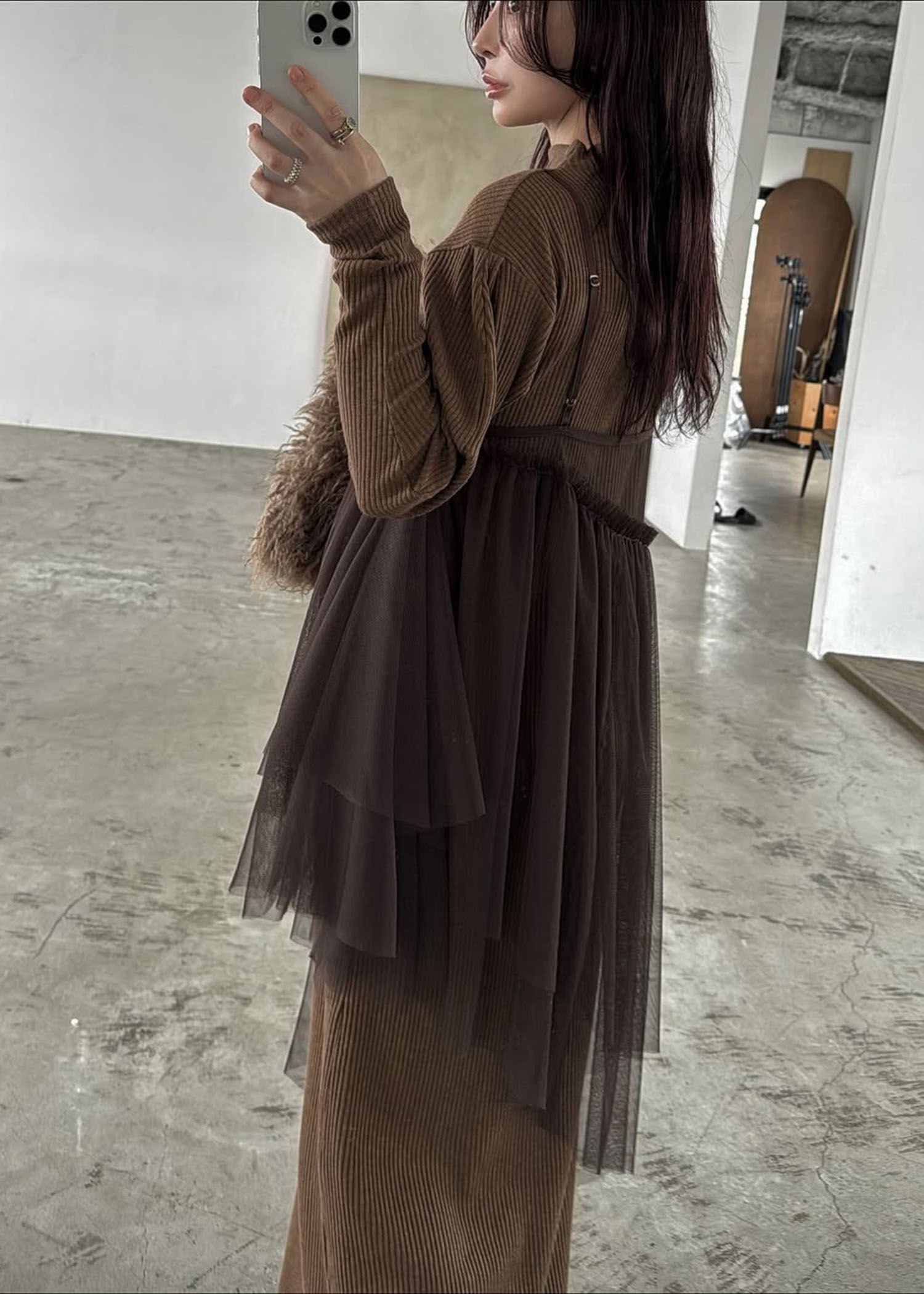 asymmetry layered tulle cami OP / アシンメトリー レイヤードチュールキャミワンピース (ブラウン) / 25AW /