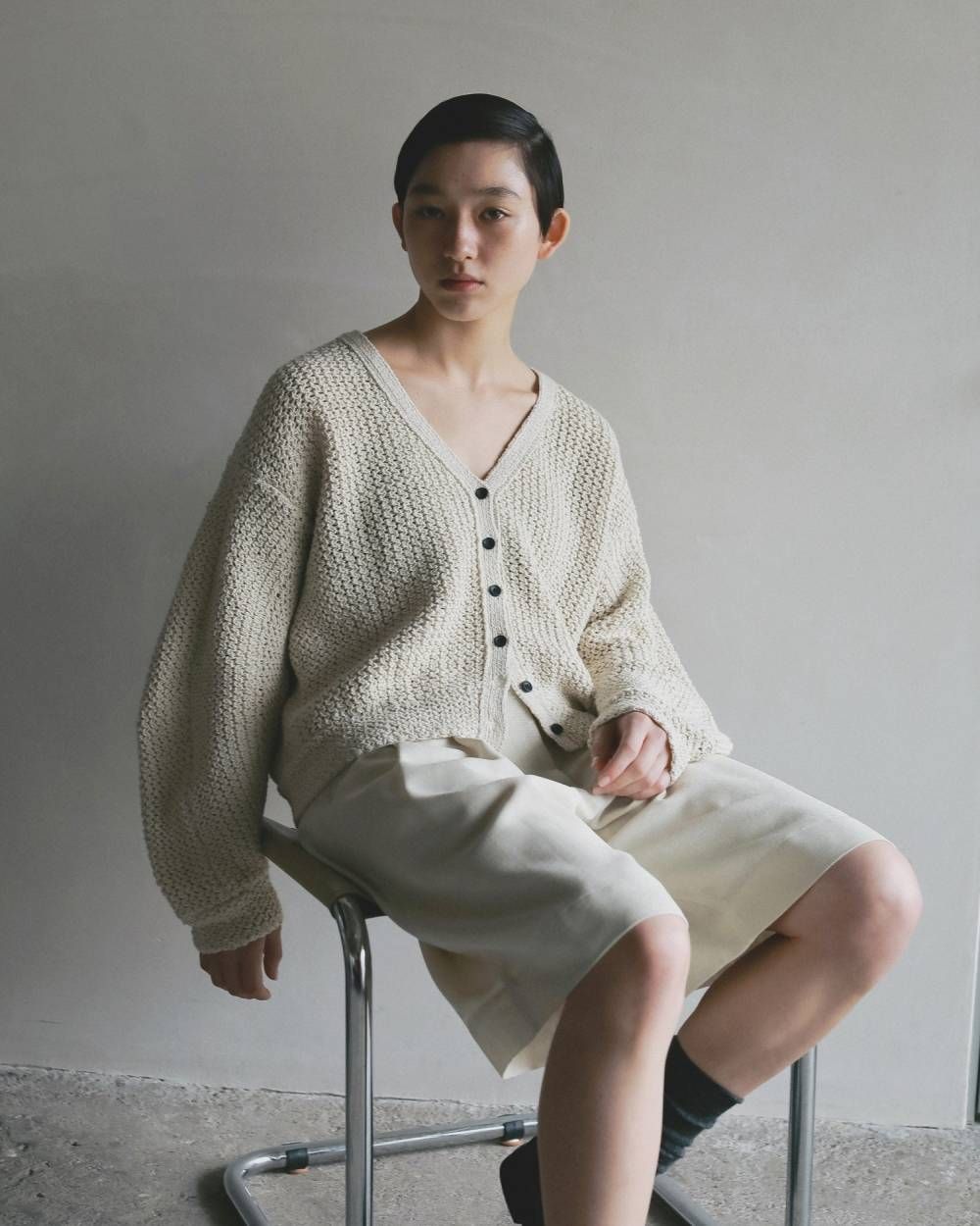 クロシェニットカーディガン (アイボリー) Crochet Knit Cardigan (Ivory) / 26SS