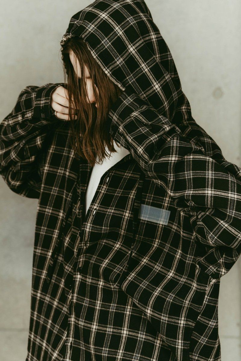 hooded over shirts(unisex) / オーバー フーディシャツ (Check black) / 26SS