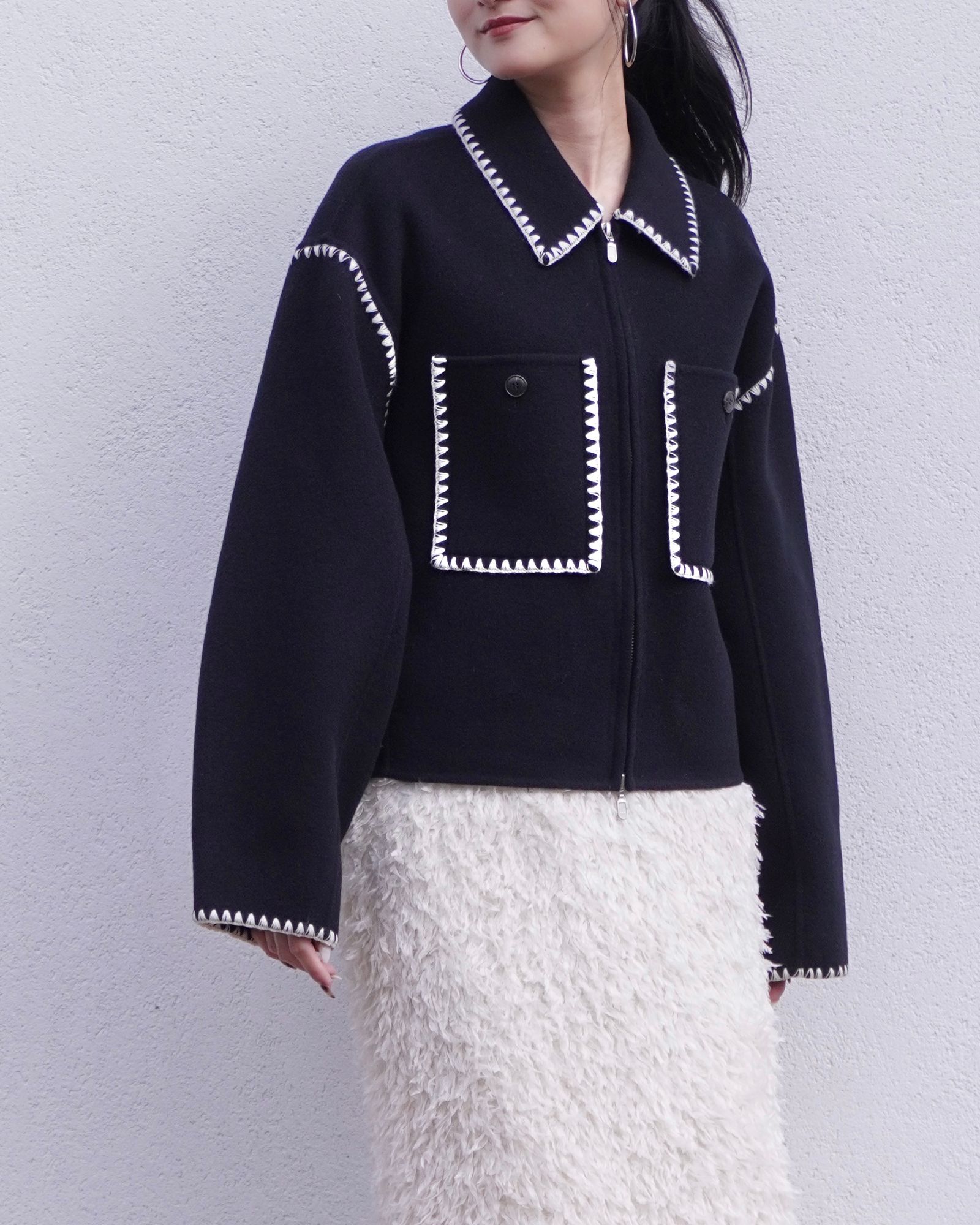 【25AW】WOOL EMBROIDERY SHORT ZIP JACKET / ウールエンブロイダリー  (ブラック)