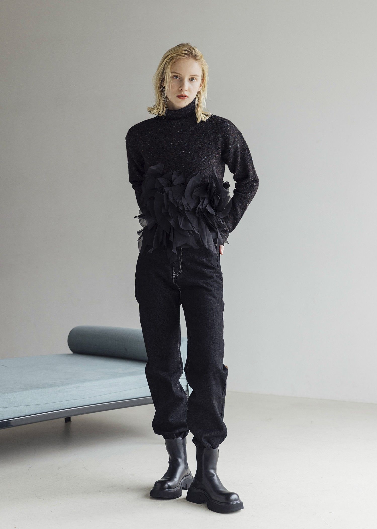 elastic waist more high denim PT / ウエストハイカットデニムパンツ (ブラック) / 25AW /