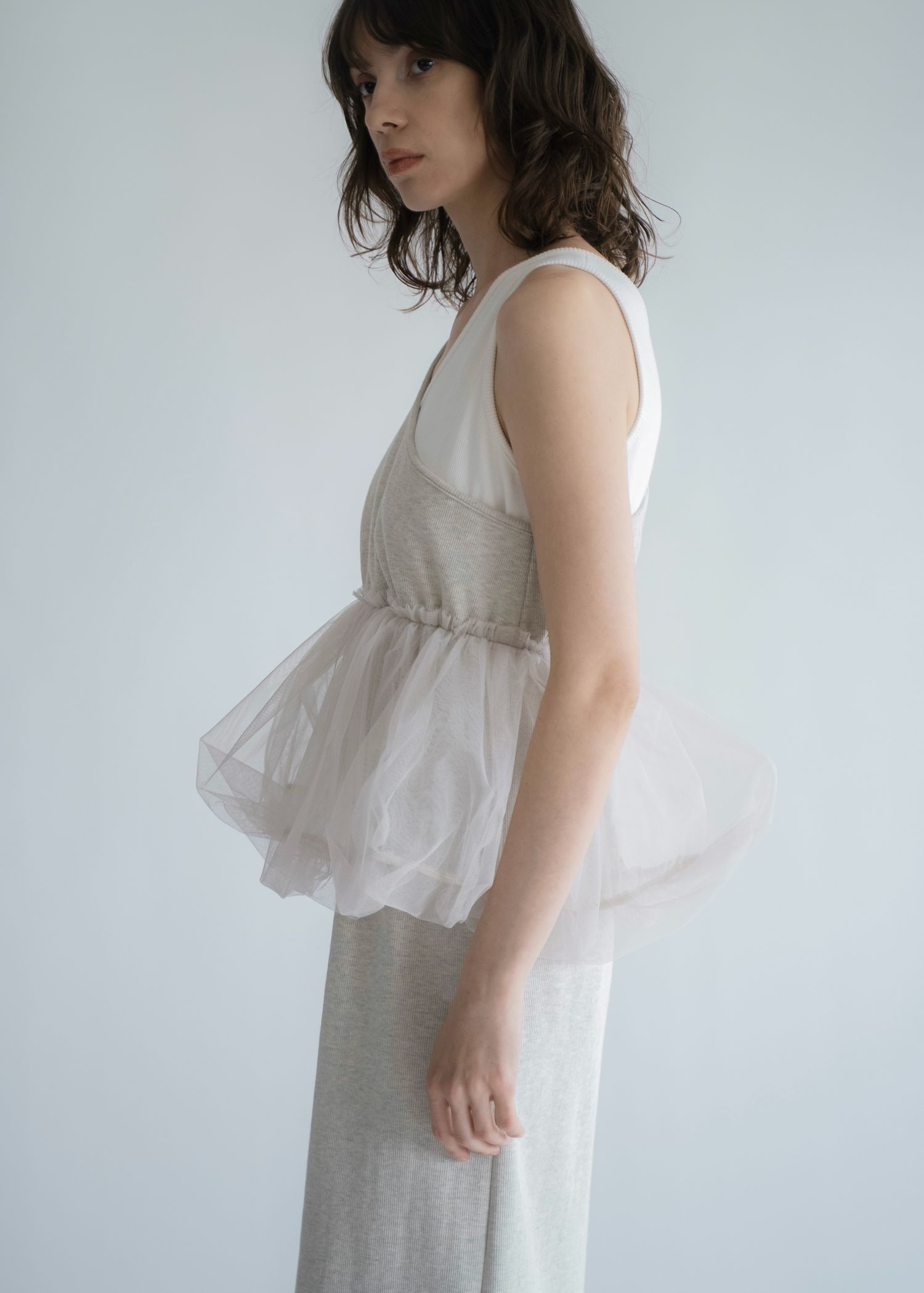 tulle peplum docking rib OP (Oatmeal) / チュールペプラムワンピース (オートミール) / 26SS
