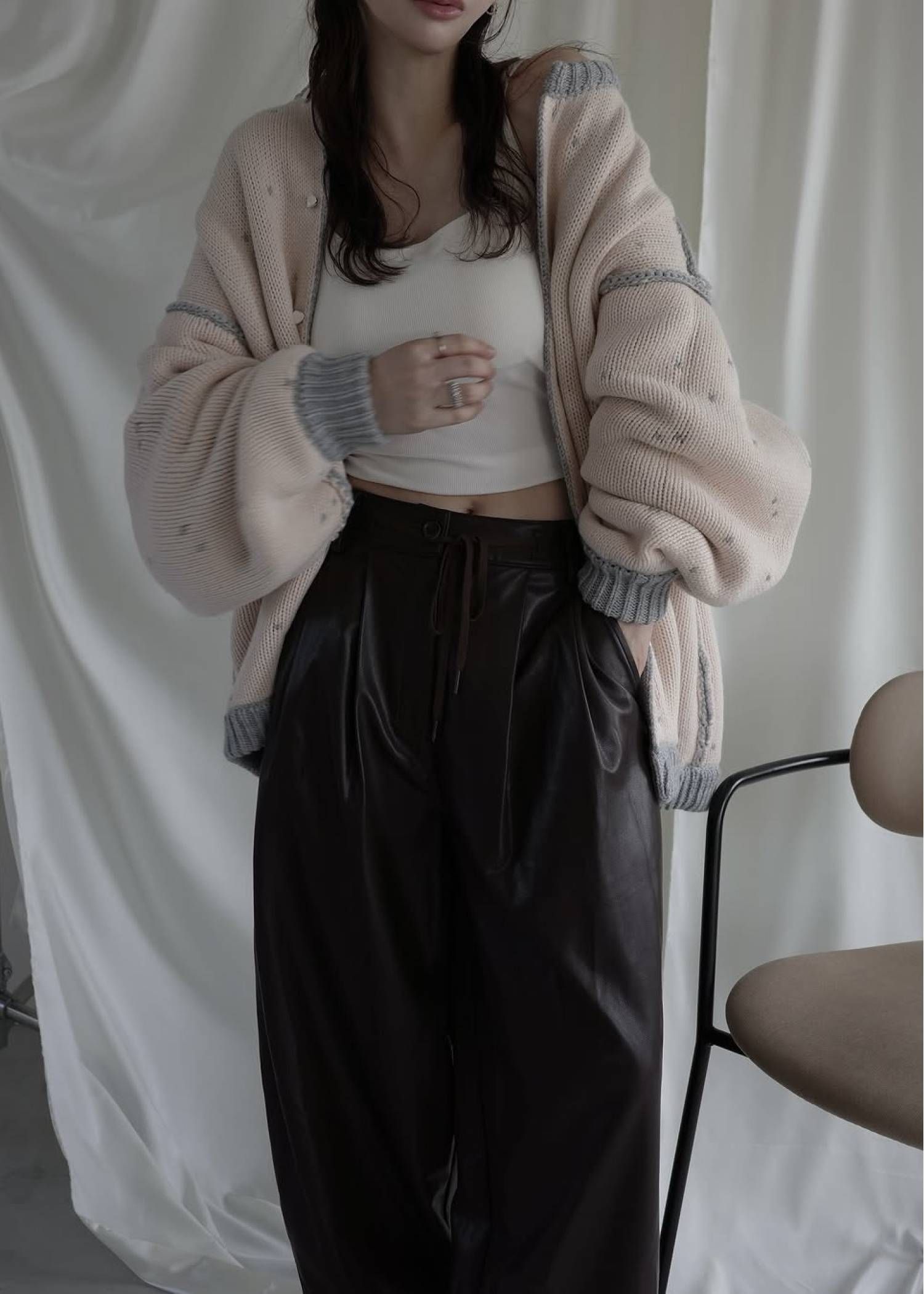 【ロング】ハートドット リバーシブルカーディガン (グレー×ベビーピンク) long heart dot jacquard reversible knit cardigan (gray×baby pink) /  26SS