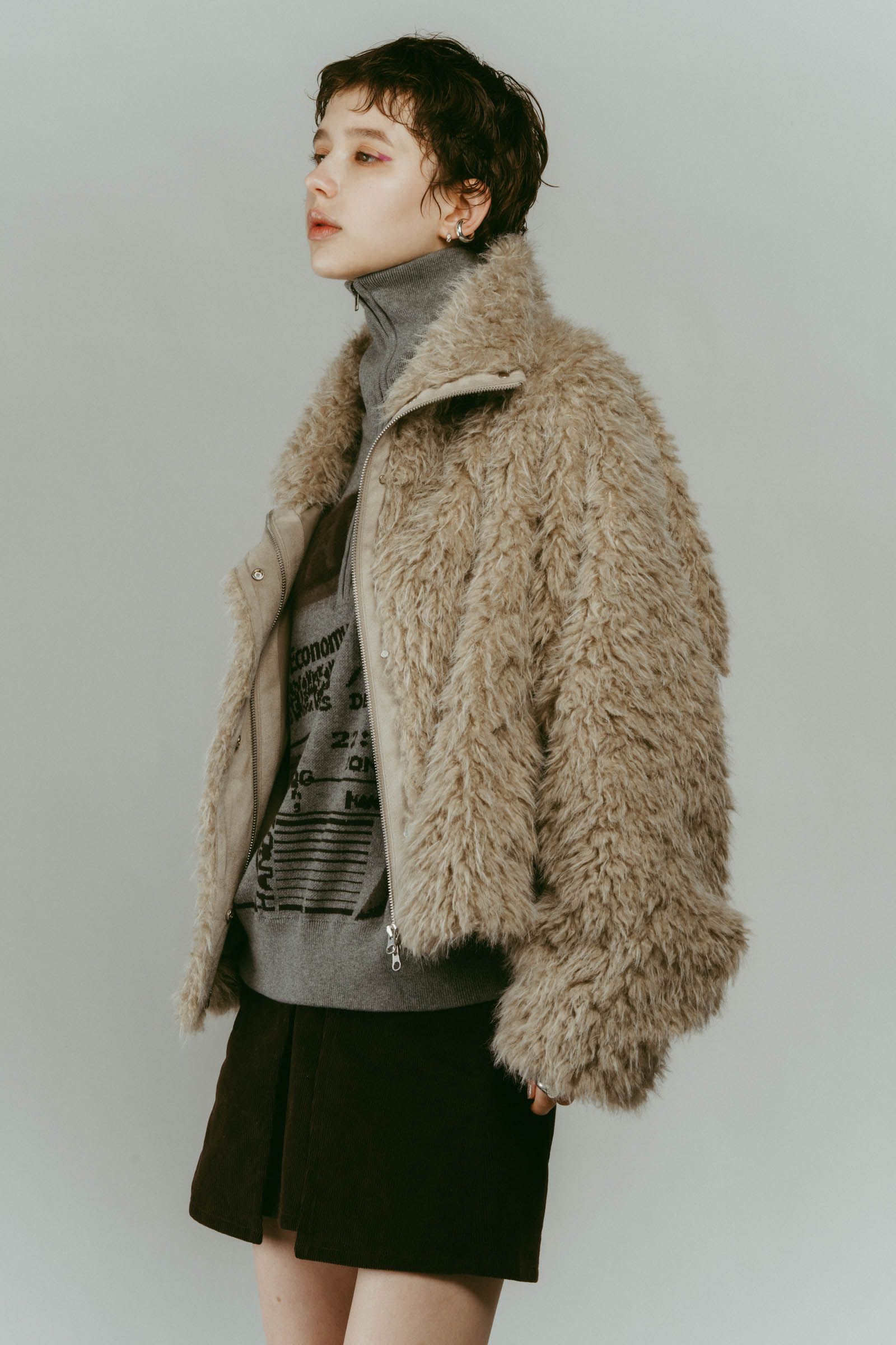 shaggy stand collar coat / シャギースタンドカラーコートブルゾン (アイボリー) / 25AW