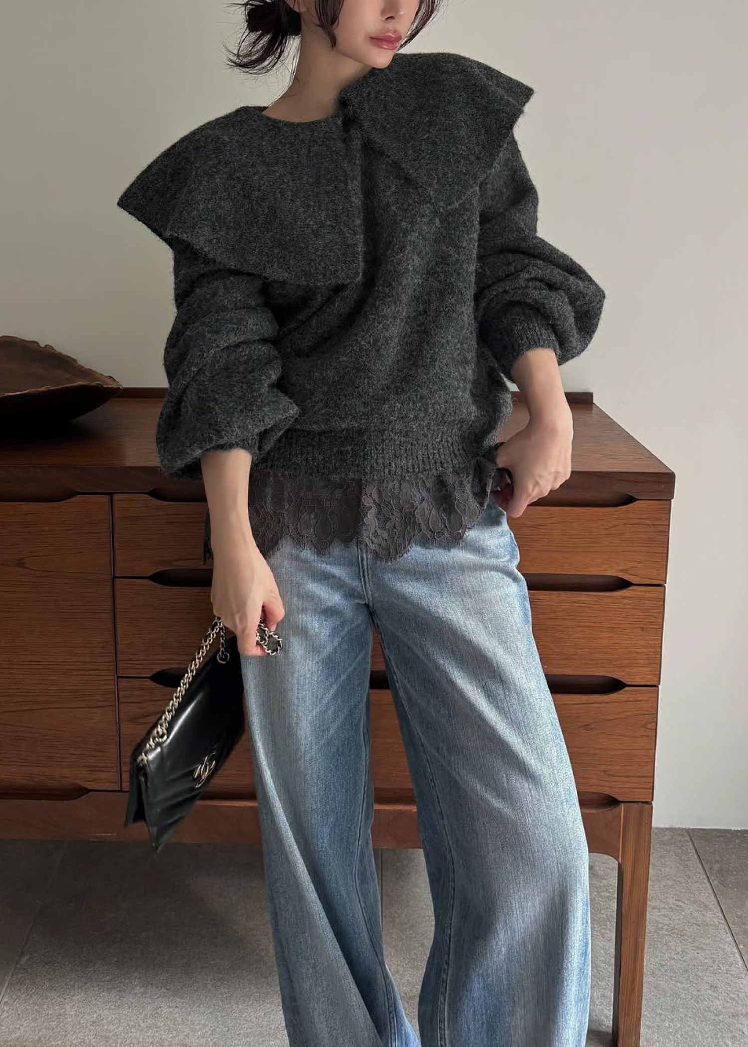 overlay big collar volume sleeve knit / ビッグカラー ボリュームスリーブニット (チャコール) / 25AW /