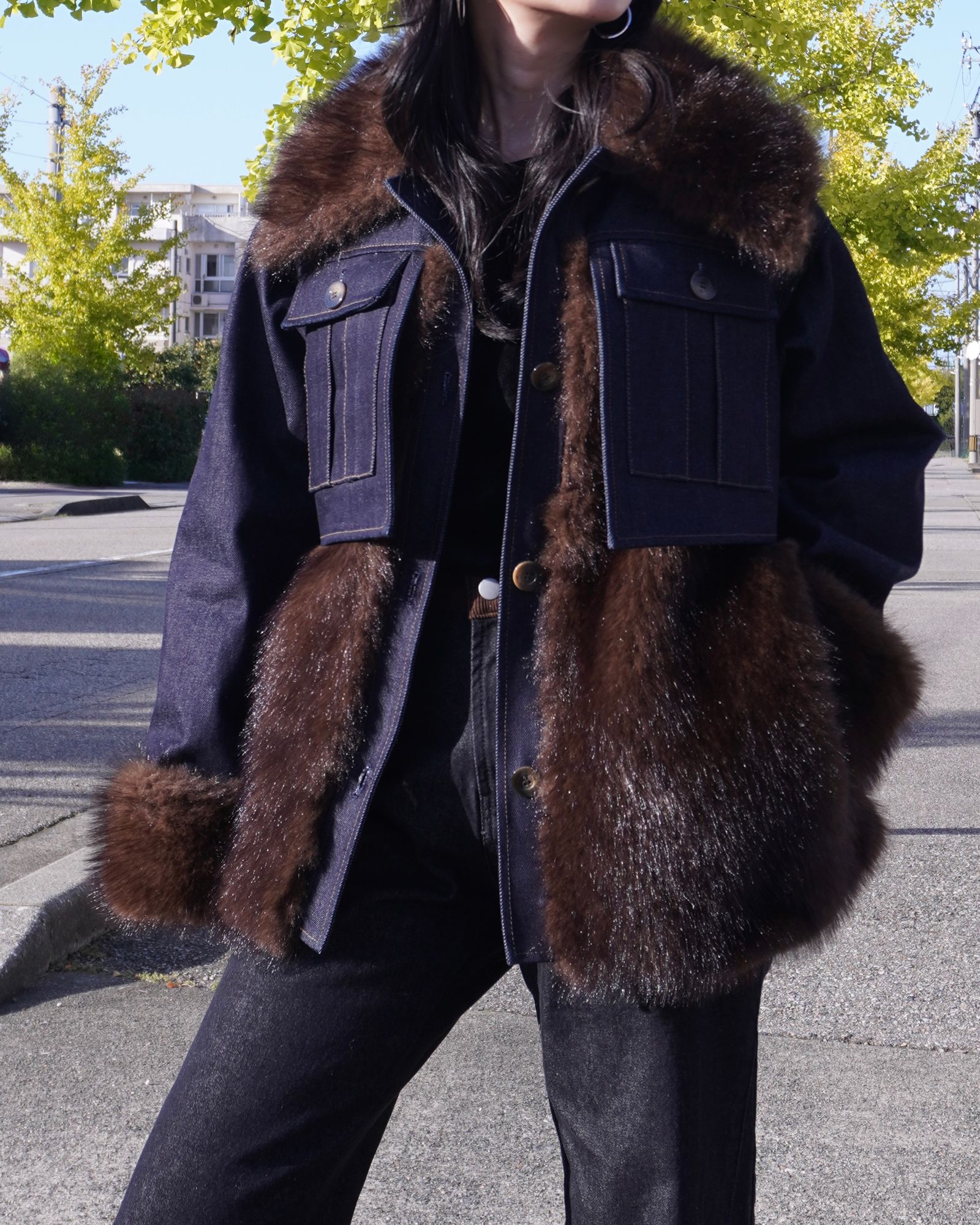 【25AW】Denim Docking Fur Jacket (ダークネイビー) / デニムドッキングファージャケット / エコファー / フェイクファー