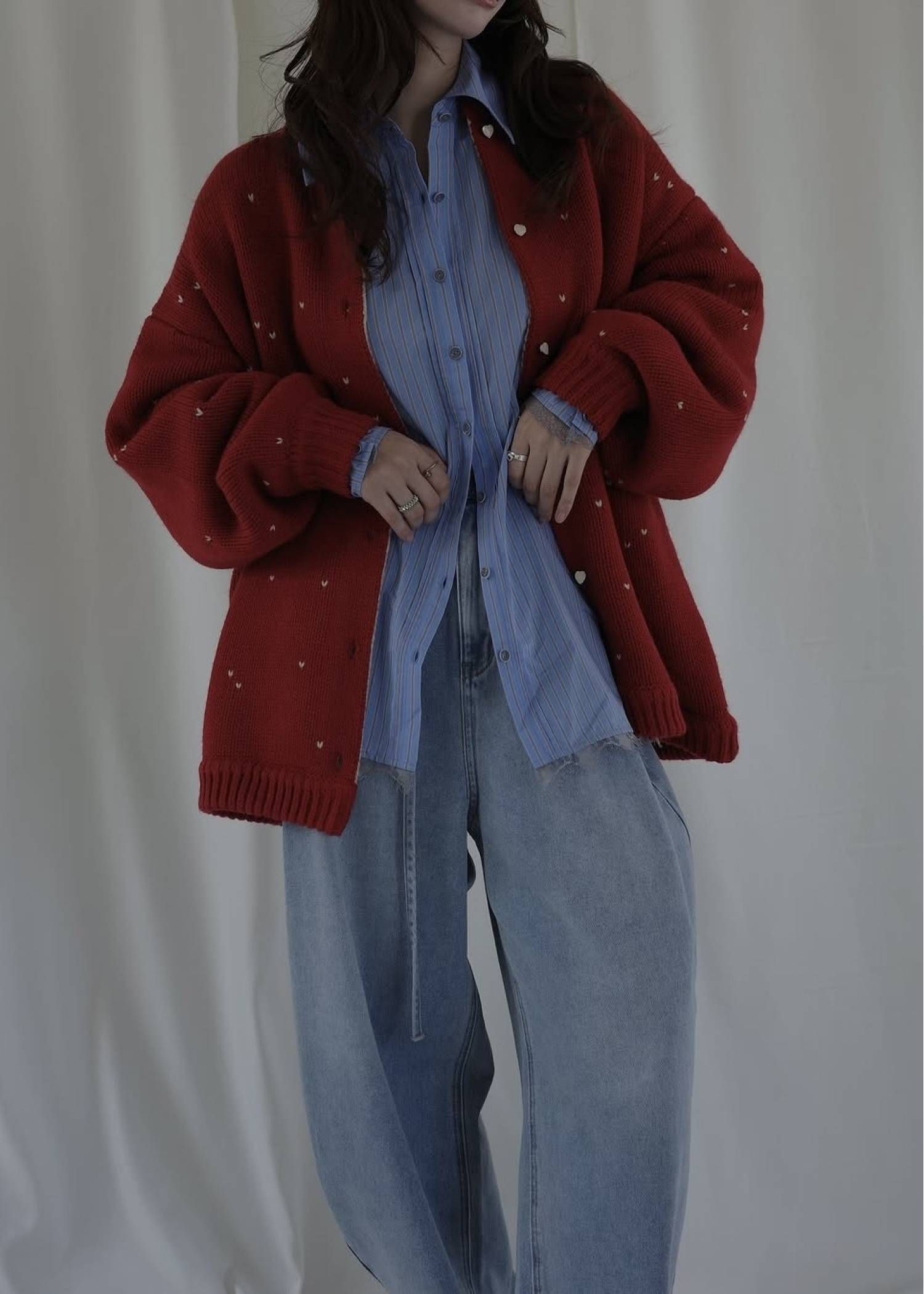 【ロング】ハートドット リバーシブルカーディガン (レッド×タン) long heart dot jacquard reversible knit cardigan (red×tan) /  26SS