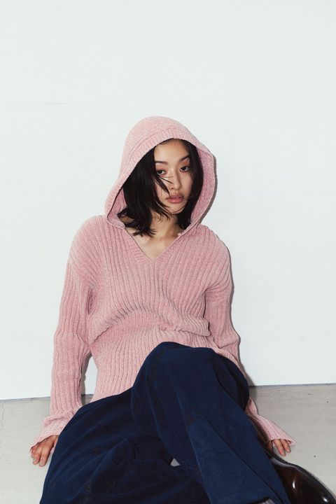 ブークレ ニット フーディ (ピンク) rib hoodie boucle knit (Pink) / 26AW