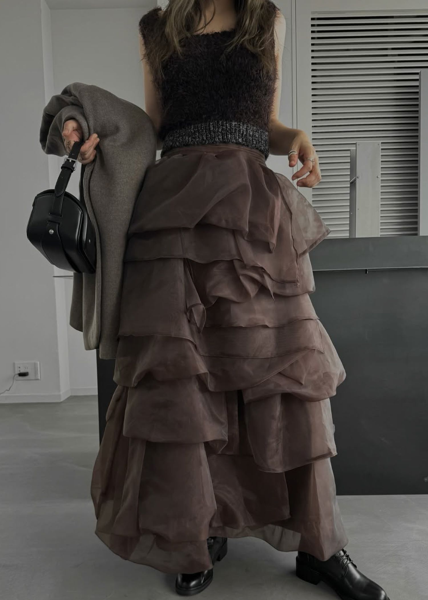 organdy random tiered pattern SK / オーガンジー ティアードスカート (ブラウン) / 25AW /