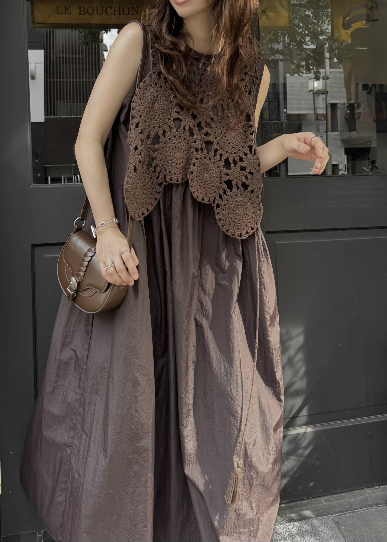 クロシェ ナイロンワンピース (ブラウン) crochet knit layered nylon OP (Brown) /  26SS