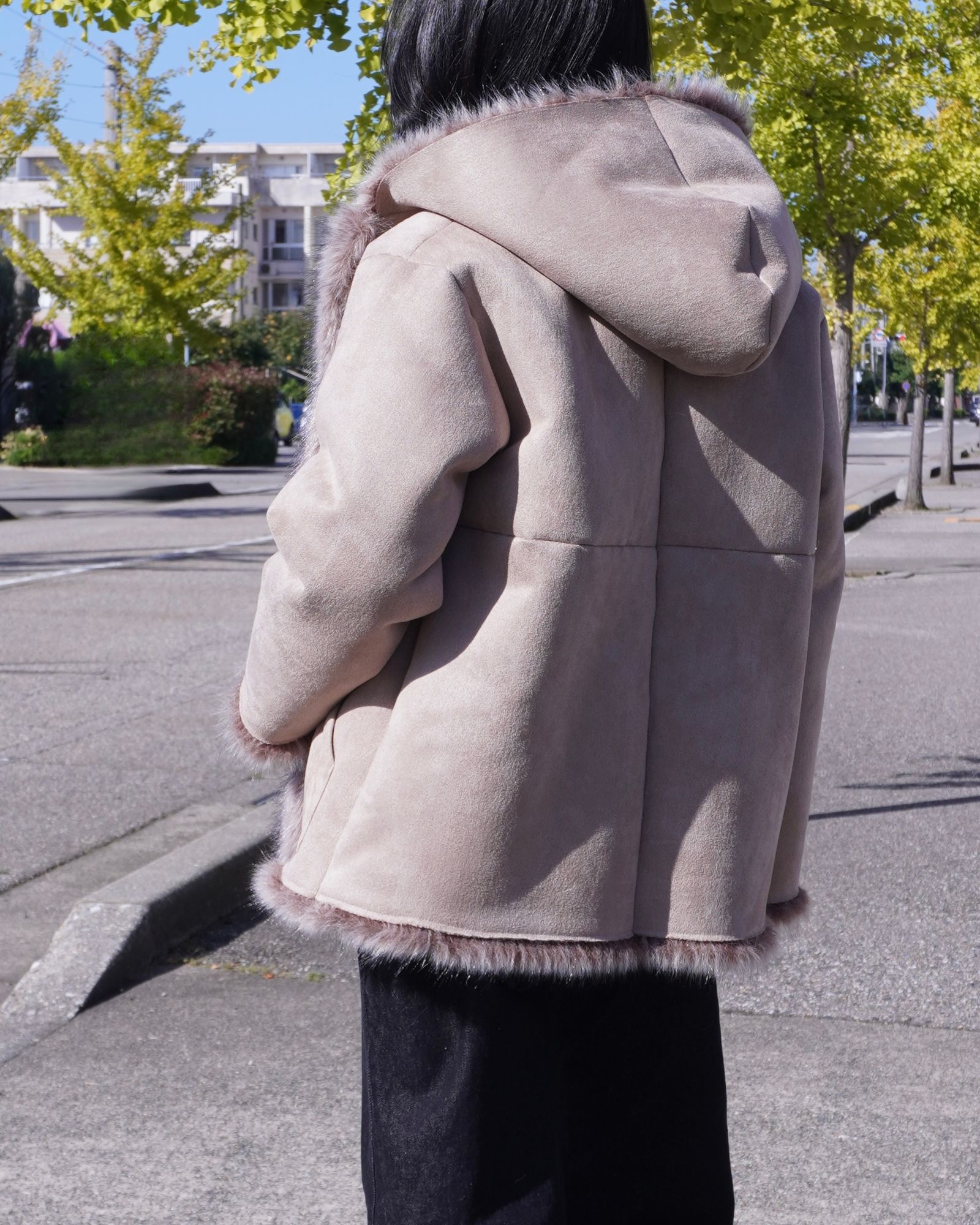 【25AW】Fox Like Fur Hoodie Coat / フォックスライクファー リバーシブルフーディコート (ベージュ) / エコファー / フェイクファー
