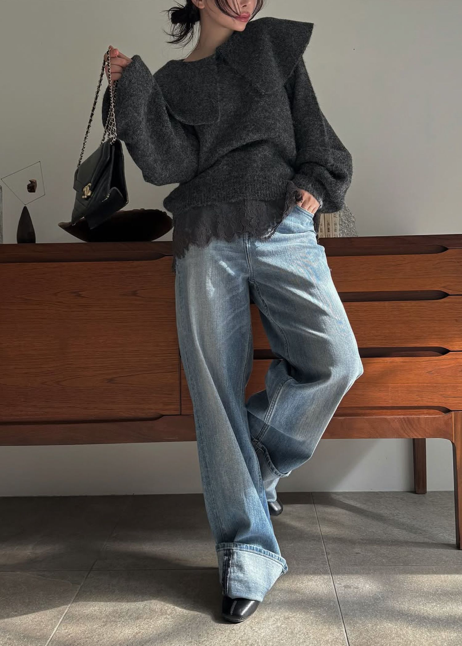 overlay big collar volume sleeve knit / ビッグカラー ボリュームスリーブニット (チャコール) / 25AW /