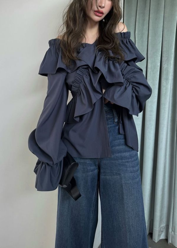 frill cross asymmetry BL / フリルクロス アシンメトリーブラウス (インディゴ) / 25AW