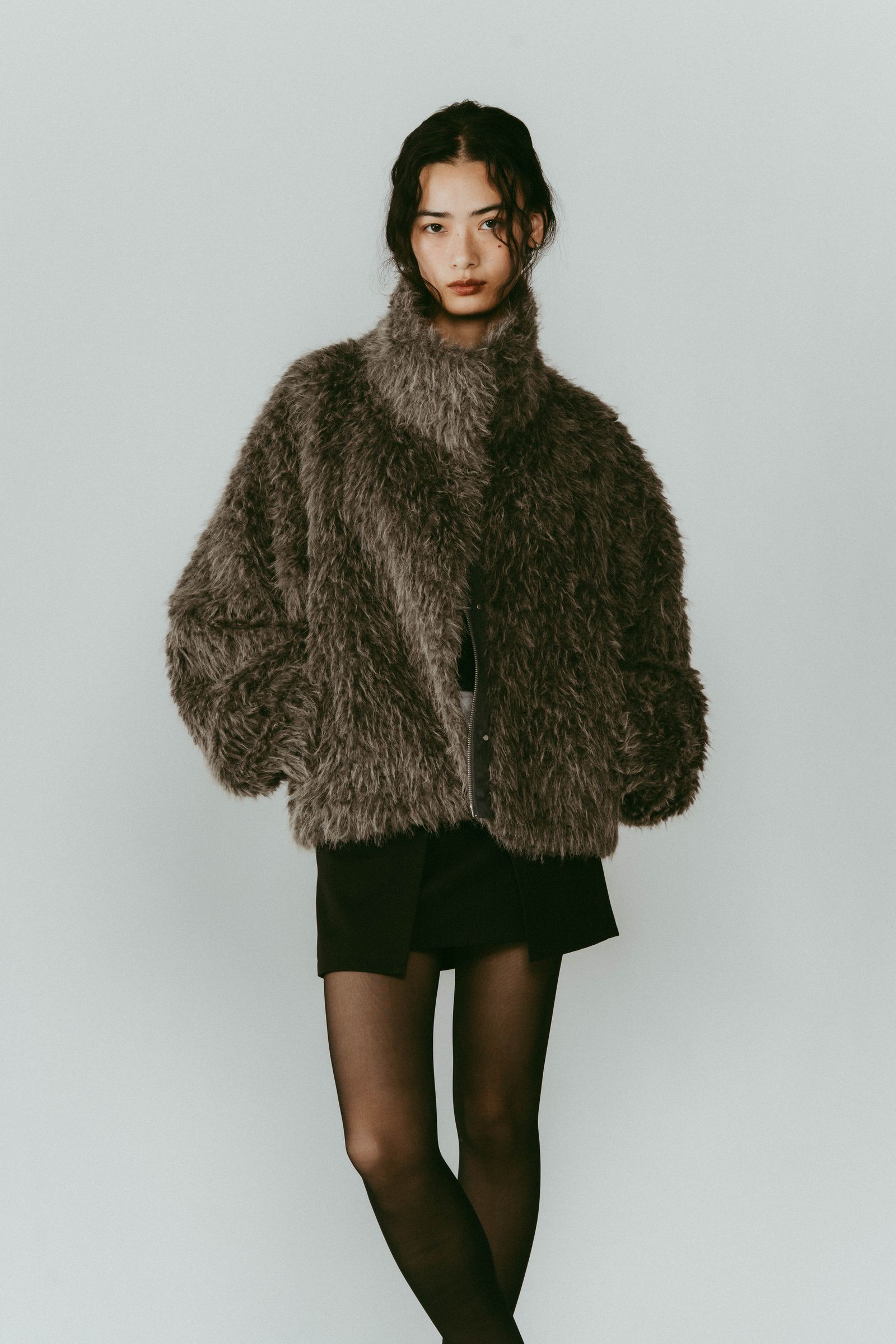 shaggy stand collar coat / シャギースタンドカラーコートブルゾン (グレー) / 25AW