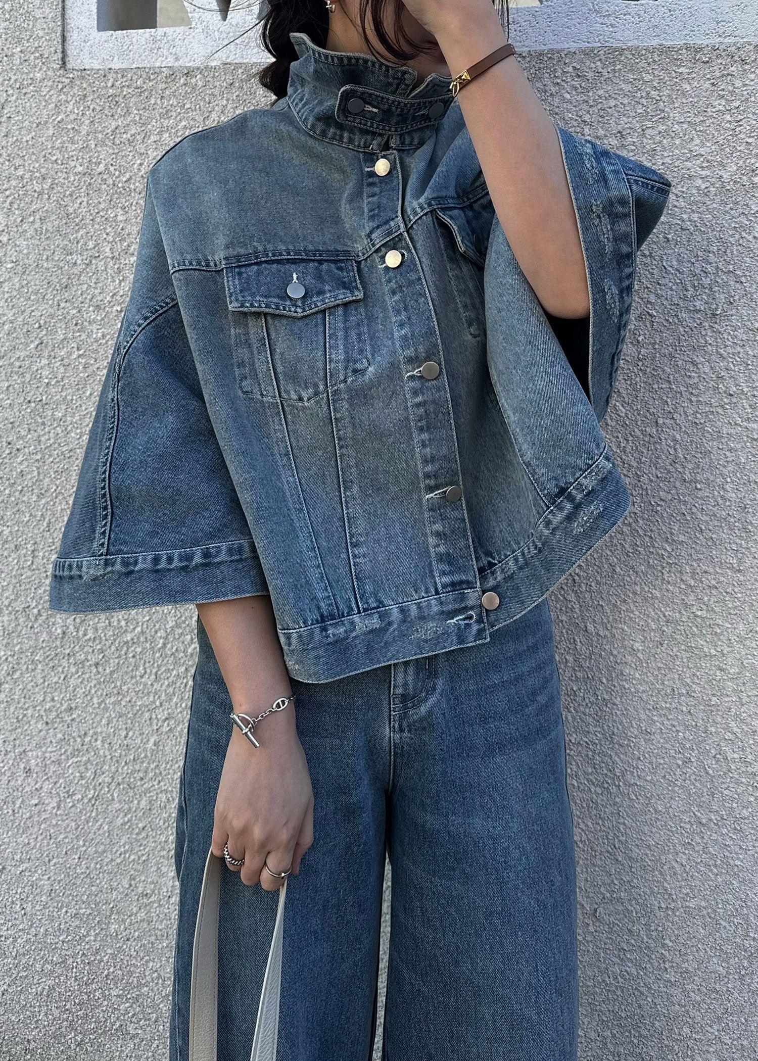 trucker detail denim poncho JK / トラッカー ポンチョ デニムジャケット (L/blue) / 26SS