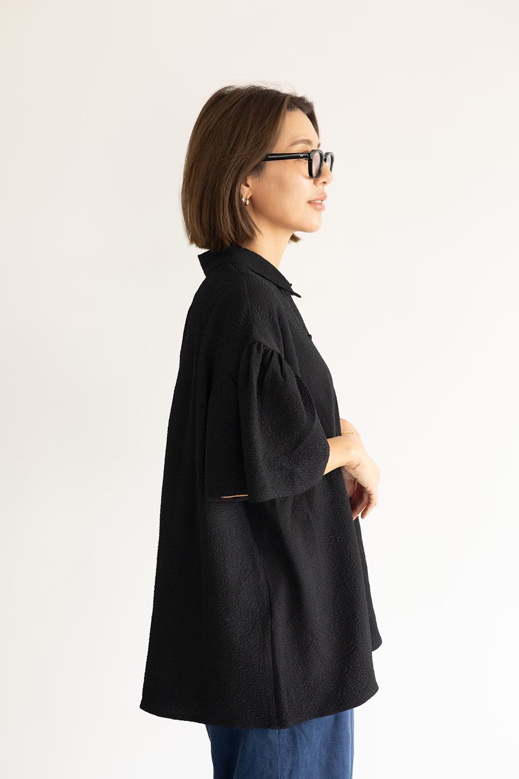 ふくれジャカードギャザースリーブブラウス (ブラック)  Puffy Jacquard Blouse (Black) /  26SS