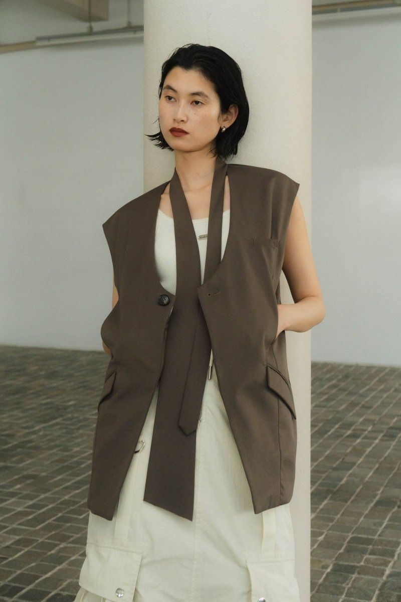 2way collarless gilet / 2ウェイ カラーレスジレ (グレージュ) / ユニセックス