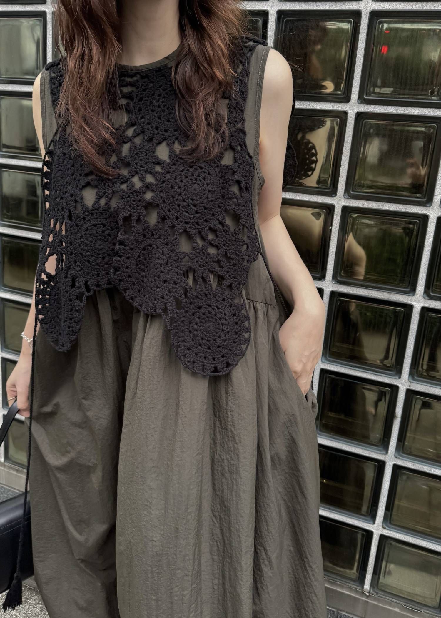 クロシェ ナイロンワンピース (カーキ) crochet knit layered nylon OP (Khaki) /  26SS