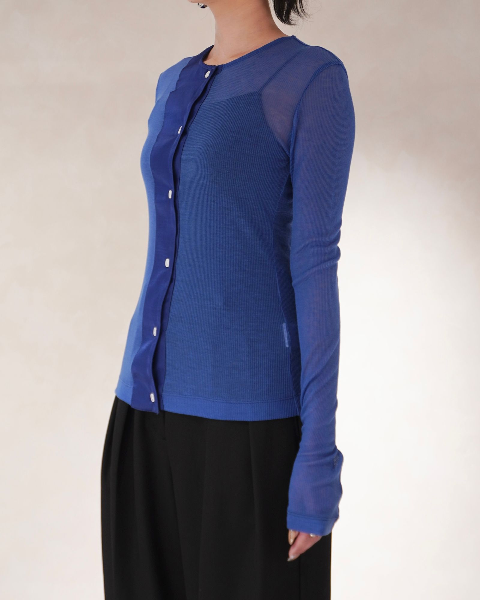 アシンメトリー リブトップス (ブルー) ASYMMETRIC PANEL SHEER RIB TOP (Blue) / 26SS