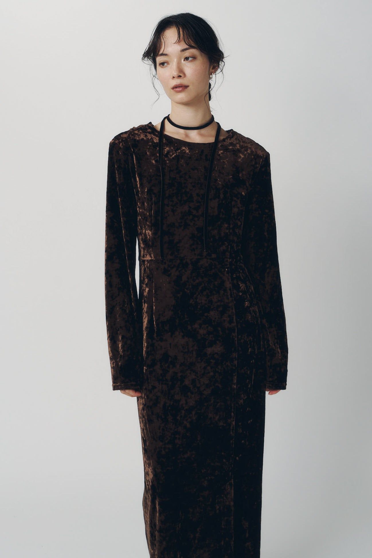 2ウェイ ベロアドレープドレス (ブラウン) 2way draped velour dress (Brown) / 26AW