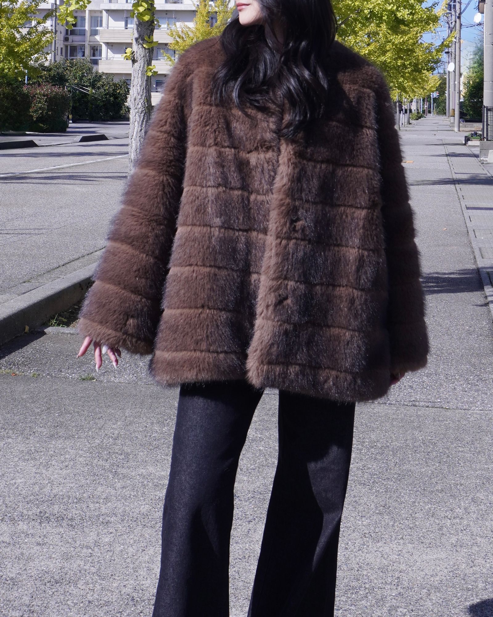 【25AW】Border Fur Coat (ブラウン) / ボーダーファーコート / エコファー / フェイクファー