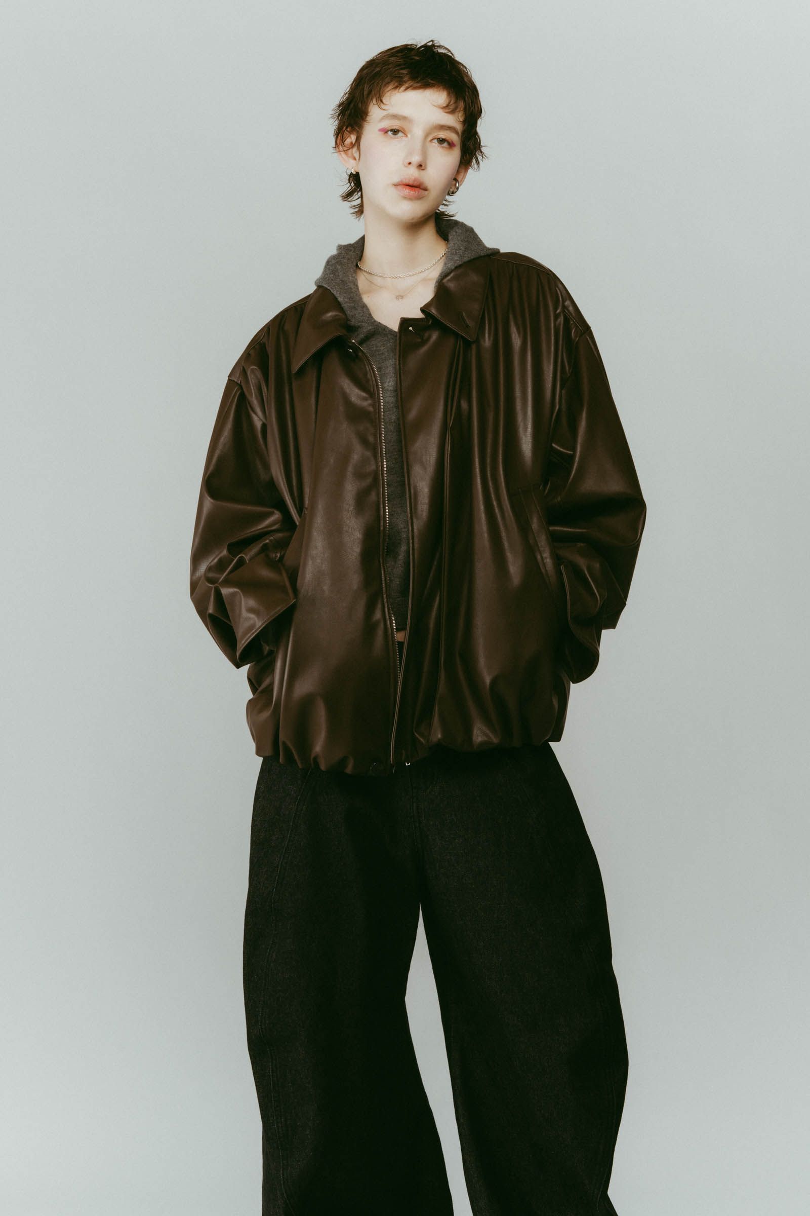 voluminous leather jacket(unisex) / ボリュームレザージャケットブルゾン (ブラウン) / 25AW