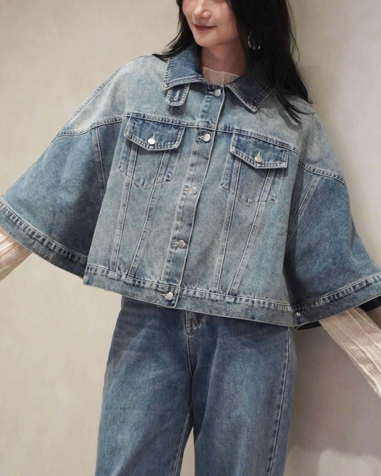 trucker detail denim poncho JK / トラッカー ポンチョ デニムジャケット (L/blue) / 26SS