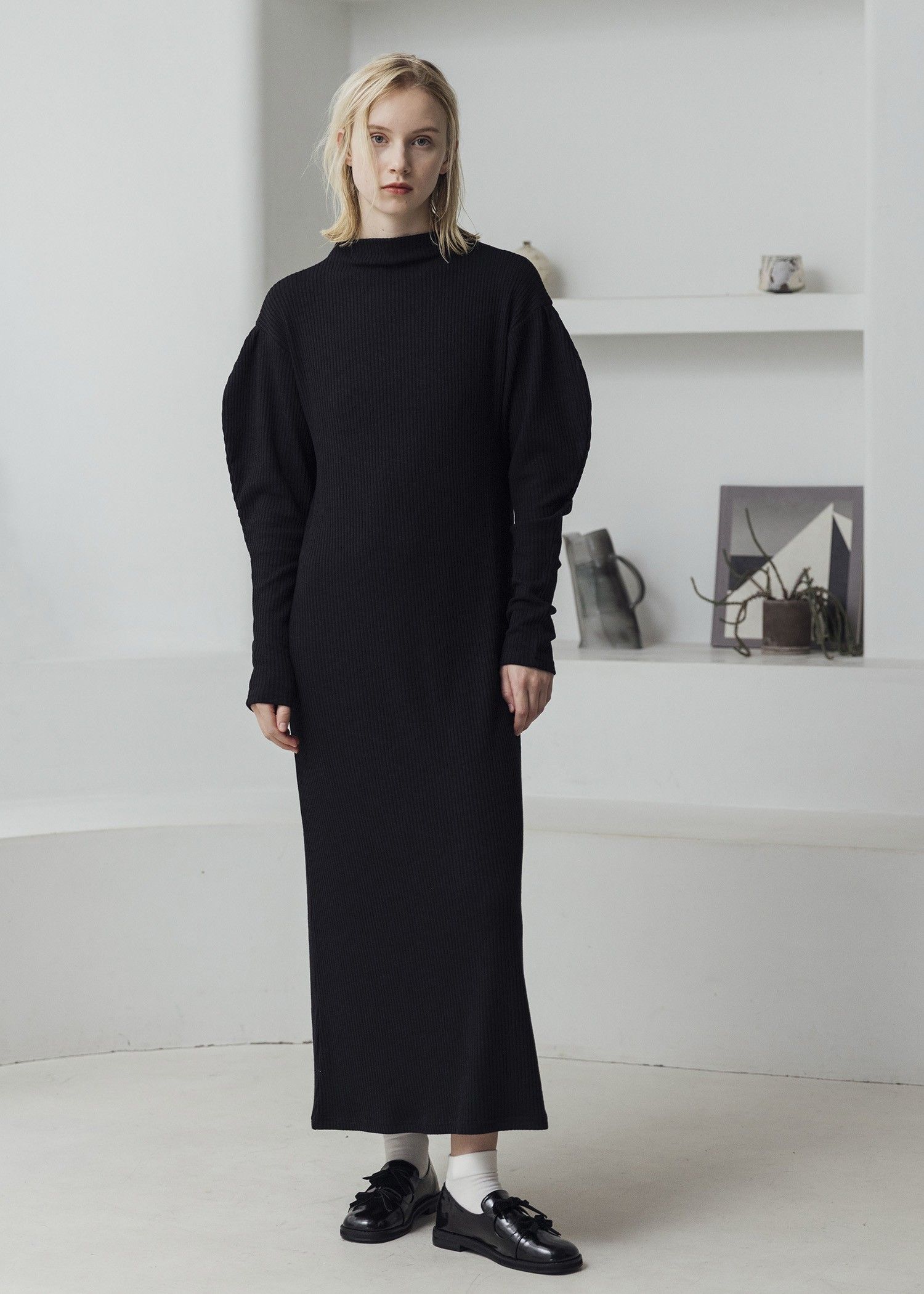 volume sleeve high neck rib OP / ハイネックリブワンピース (ブラック) / 25AW /