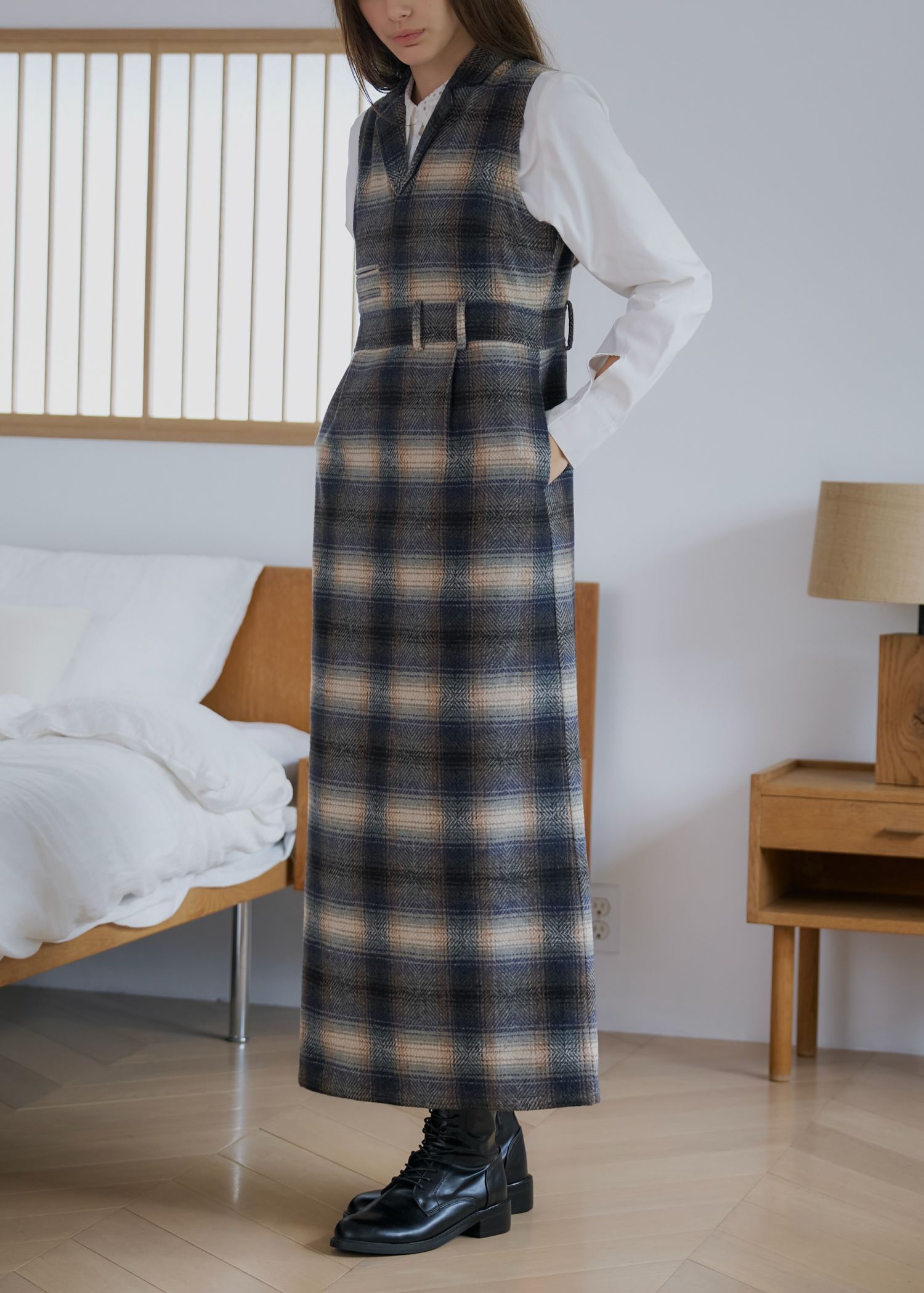 tailored collar no sleeve check OP / テーラード ノースリーブ チェックワンピース (フォグ) / 25AW /