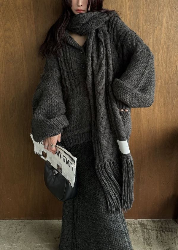 coarse knit cable fringe muffler / フリンジケーブルニットマフラー (チャコール) / 25AW