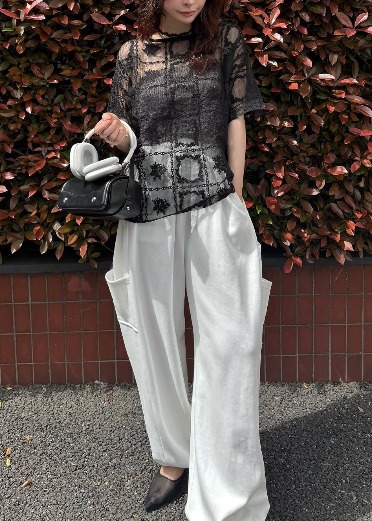 レースビッグTシャツ & リブトップス セット (Black) square lace big tee & rib tops SET (ブラック) /  26SS