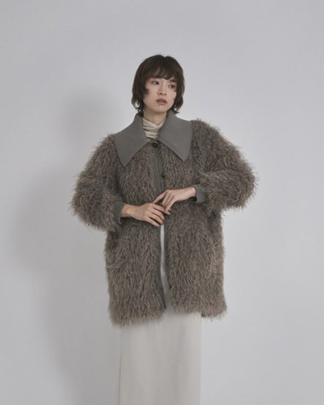【先行予約】【26TH-06】モヘア調ファーカーディガン (グレージュ) Mohair Like Fur Cardigan (Graige) /  エコファー  /  フェイクファー 【受注期間6/14 23:59まで】