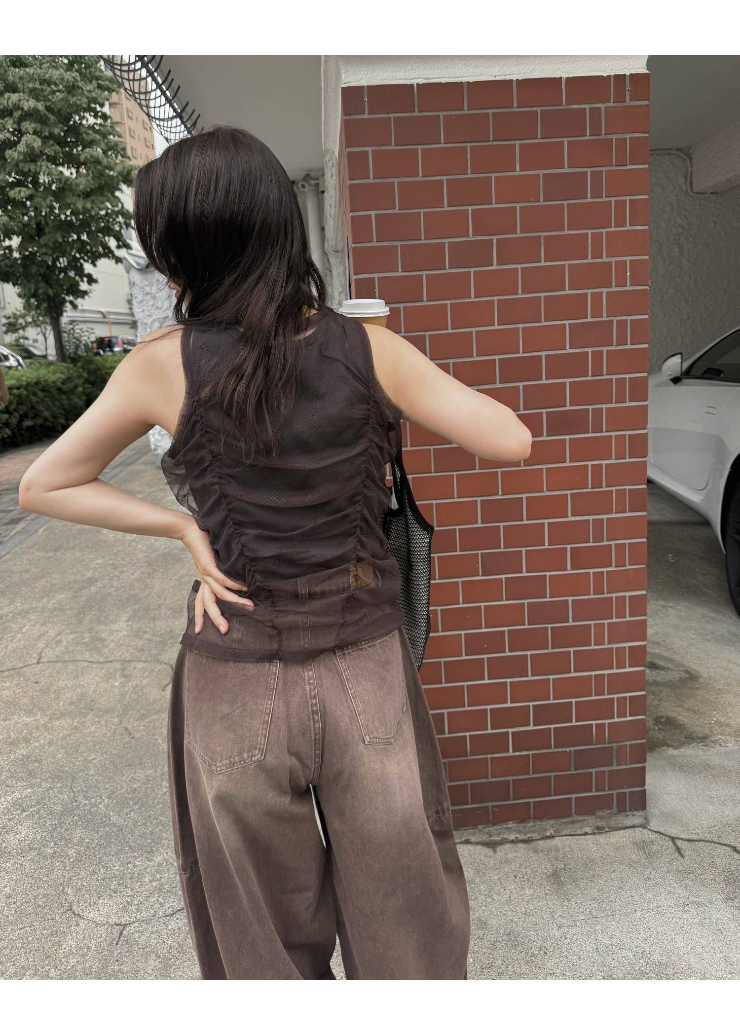 チュールリブタンク (チャコール) gather tulle layered rib tank (Charcoal) /  26SS