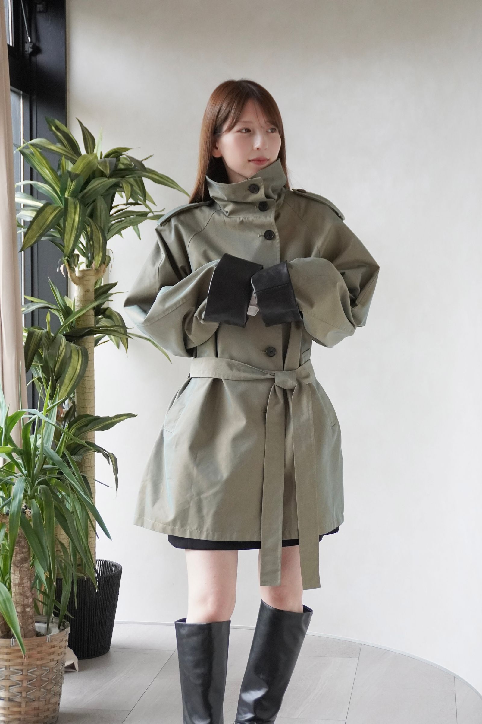 【26TH-05】スタンドカラートレンチコート (カーキ) Stand collar trench (Khaki) /  エコファー  /  フェイクファー